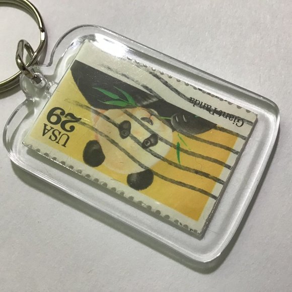 Panda Keychain - Upcycled Recycled Postage Stamp Key Chain - Picture 3 of 9